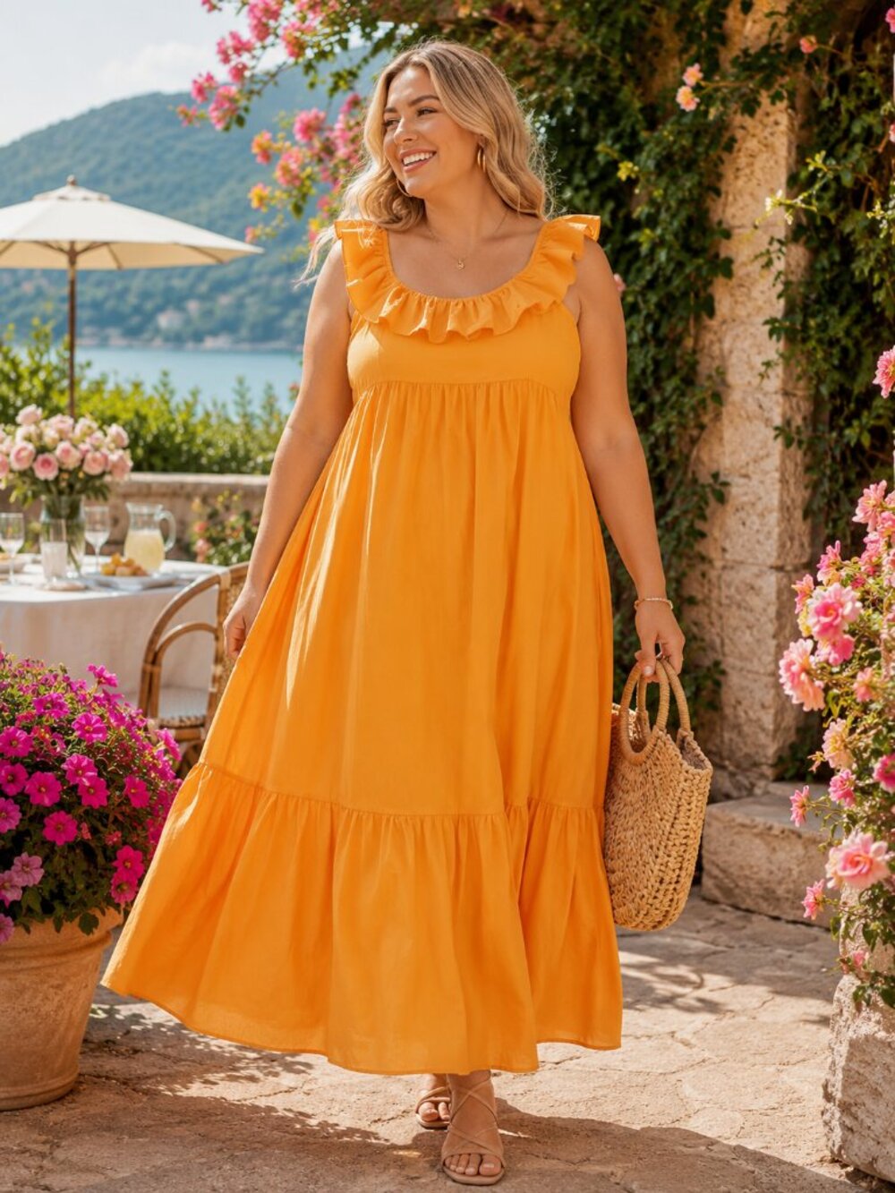 Eloquii Orange Ruffle 100% Cotton Maxi Dress Plus Size 24